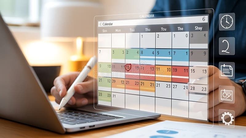 Person planerar dagens tidsblock i en digital kalender på laptop