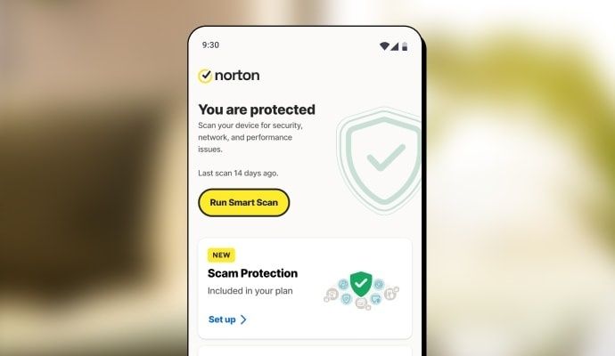 Smartphone visar en säkerhetsapp med skydd och bedrägeriskydd